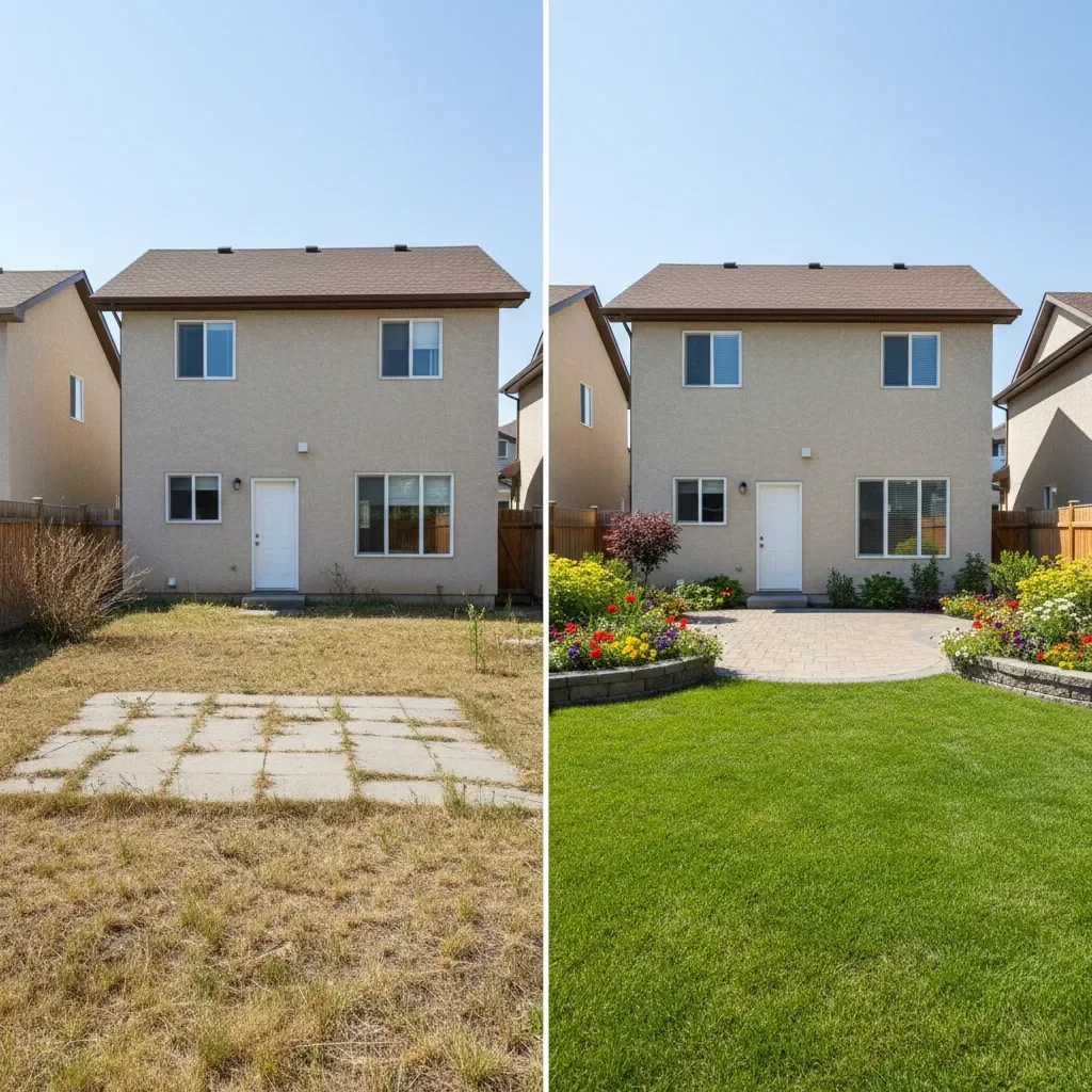 Landscape designer transformation - before and after by Meadows Landscaping Airdrie in Airdrie